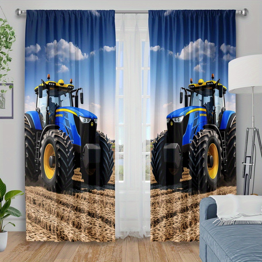 Agriculture Farming For Kids - Синие шторы с принтом тракторов, занавески